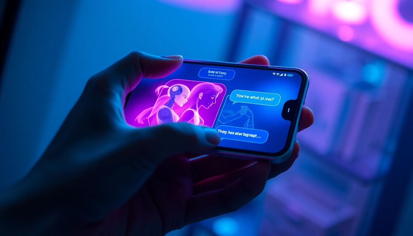 Close-up of a smartphone screen showing an AI chat interface with animated characters in a seductive conversation, glowing neon colors, and futuristic design elements.