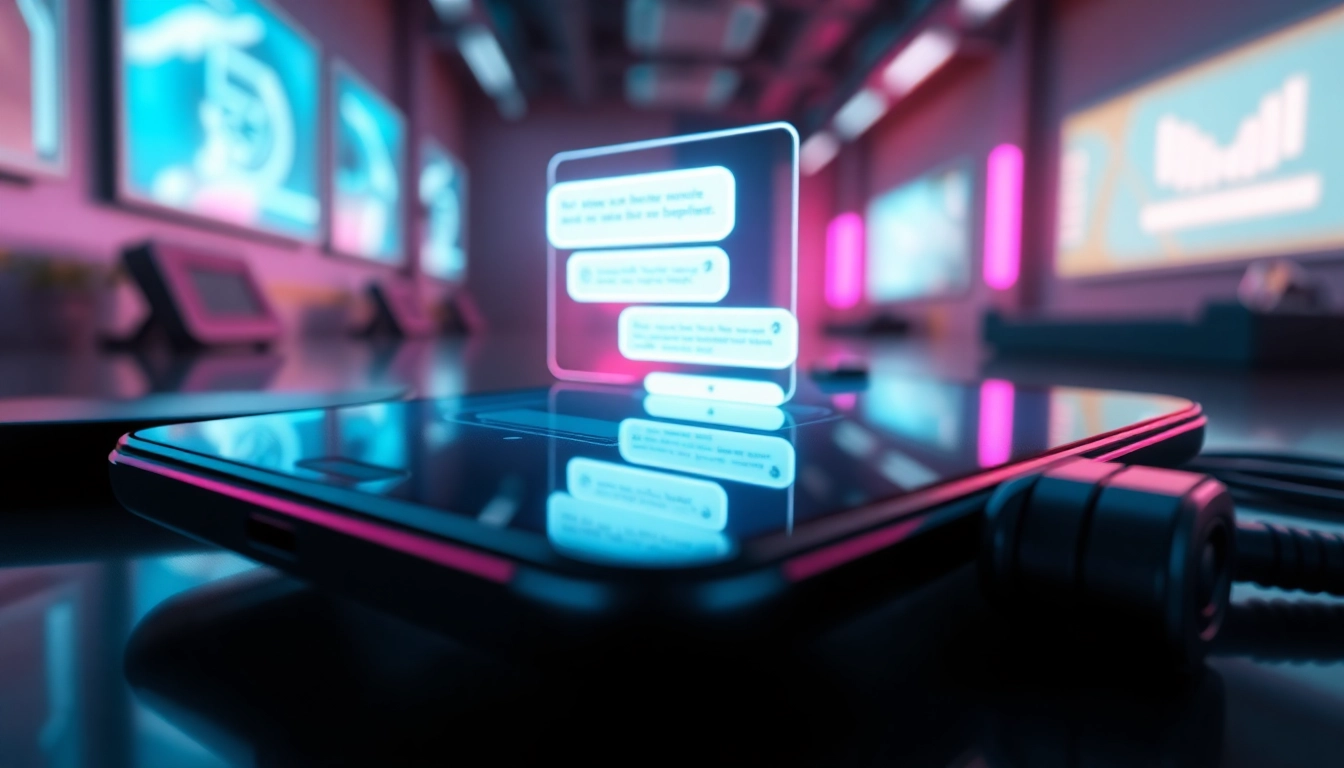 Close-up of a smartphone with holographic chat interface in a futuristic setting, glowing with neon accents.