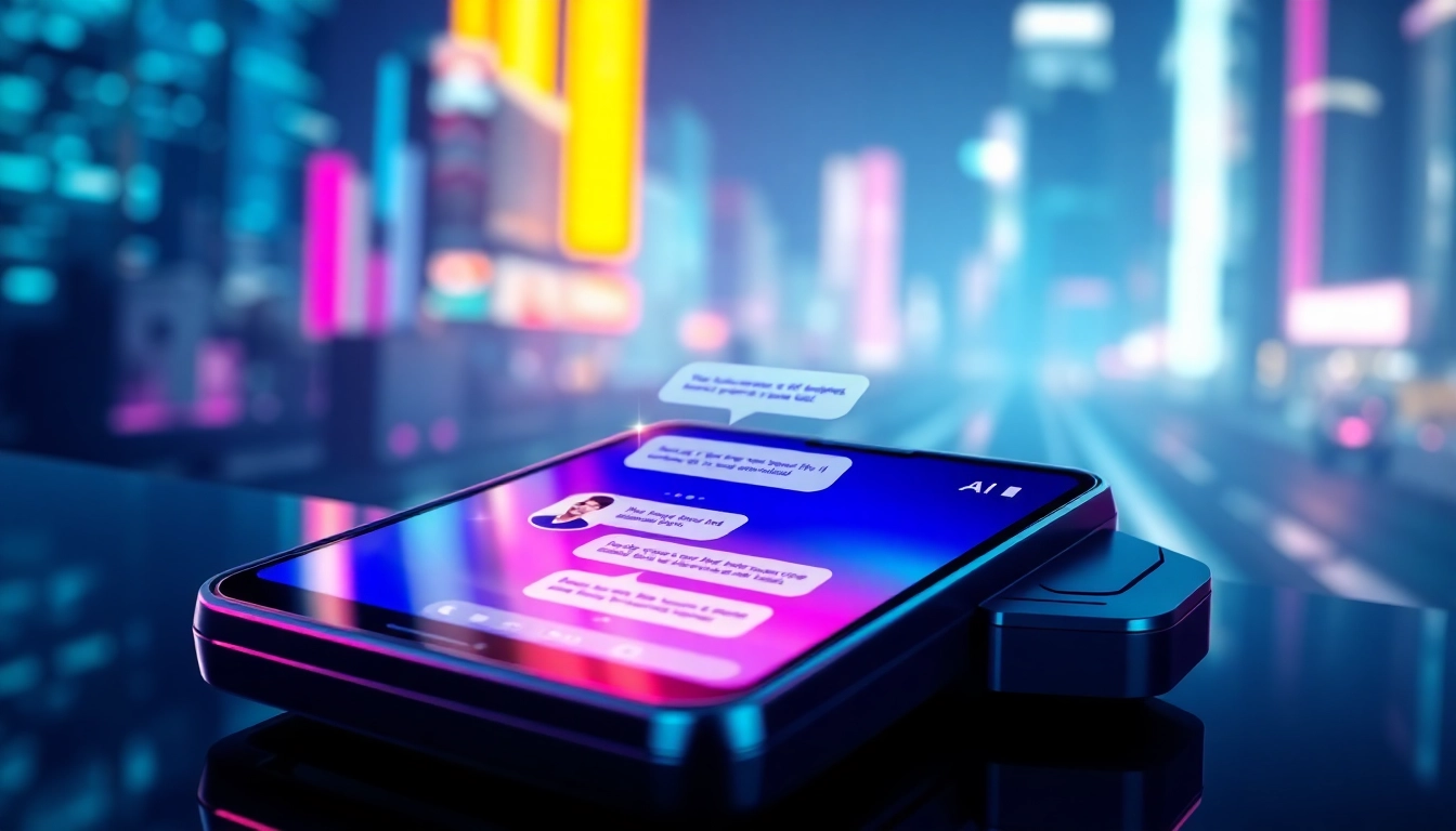 Futuristic chat interface on a device with neon colors and cyberpunk background, symbolizing AI conversation platform.