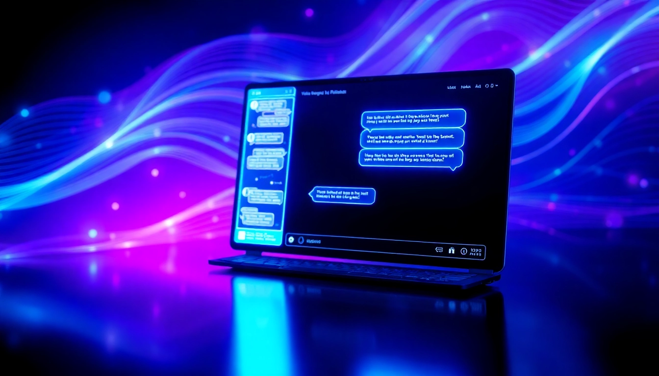 Futuristic AI chatbot interface on a digital screen with glowing text bubbles and holographic data streams.
