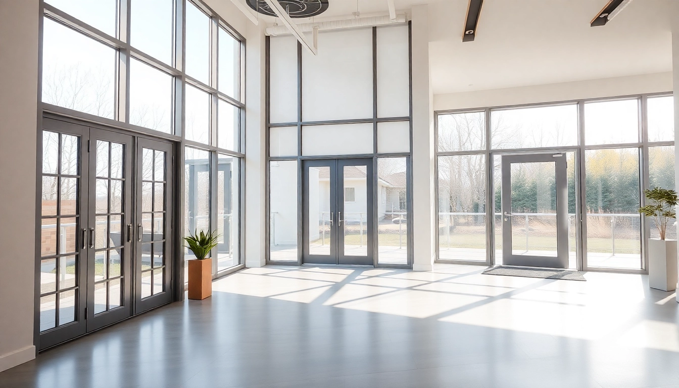 Showroom display of a window and door company highlighting energy-efficient windows and stylish doors.