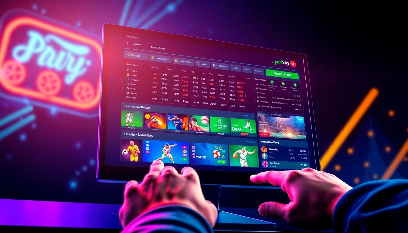 An illustration of an online sportsbook and casino platform interface with sports betting odds and colorful graphics representing various sports, illuminated with bright neon lights in a high-tech, energetic scene.