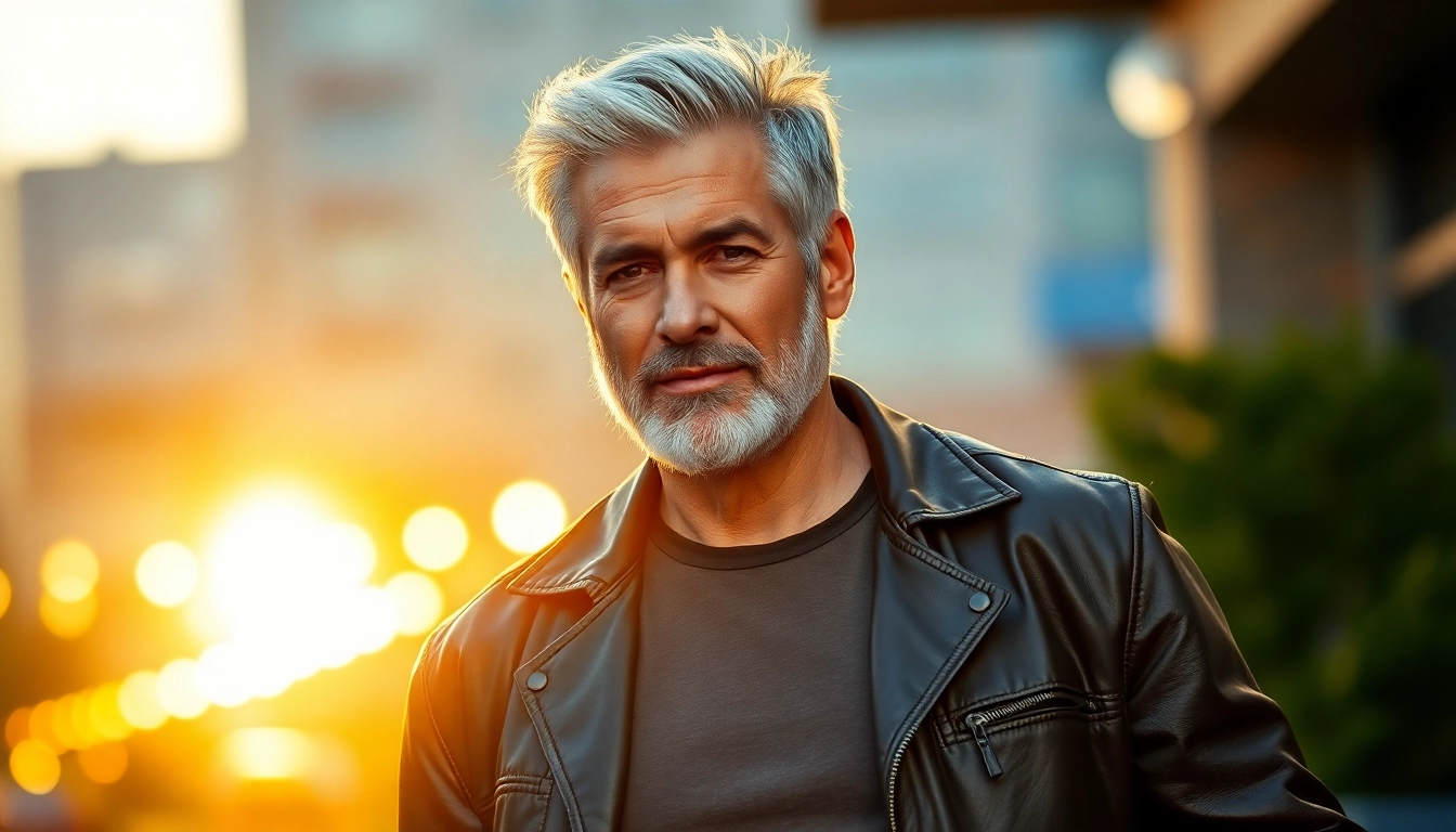 Attractive older man with salt-and-pepper hair and a rugged look standing in an urban setting during golden hour.