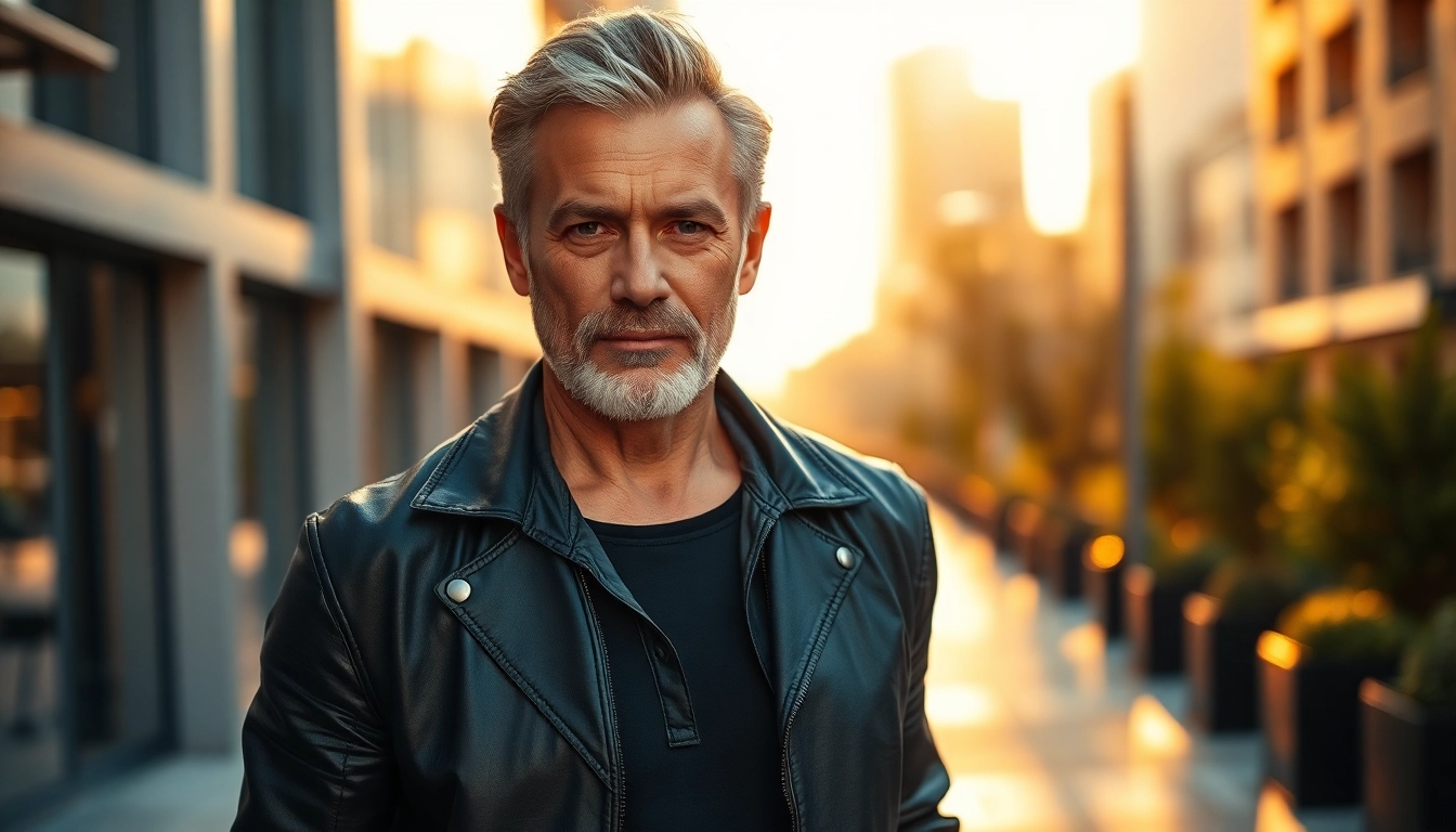 Attractive mature man with salt-and-pepper hair standing in an urban setting during golden hour
