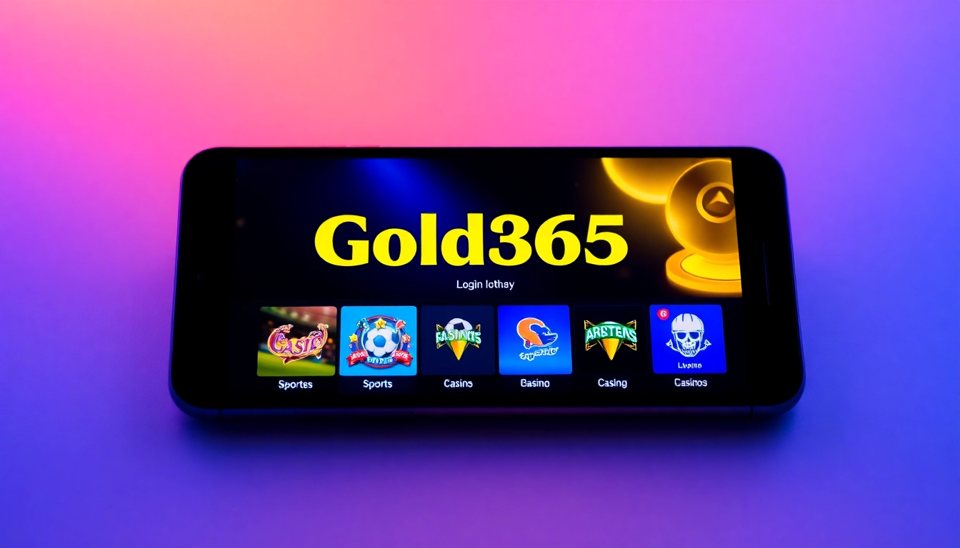Gold365 ID login page on mobile device with sports and casino icons, emphasizing secure online betting access.