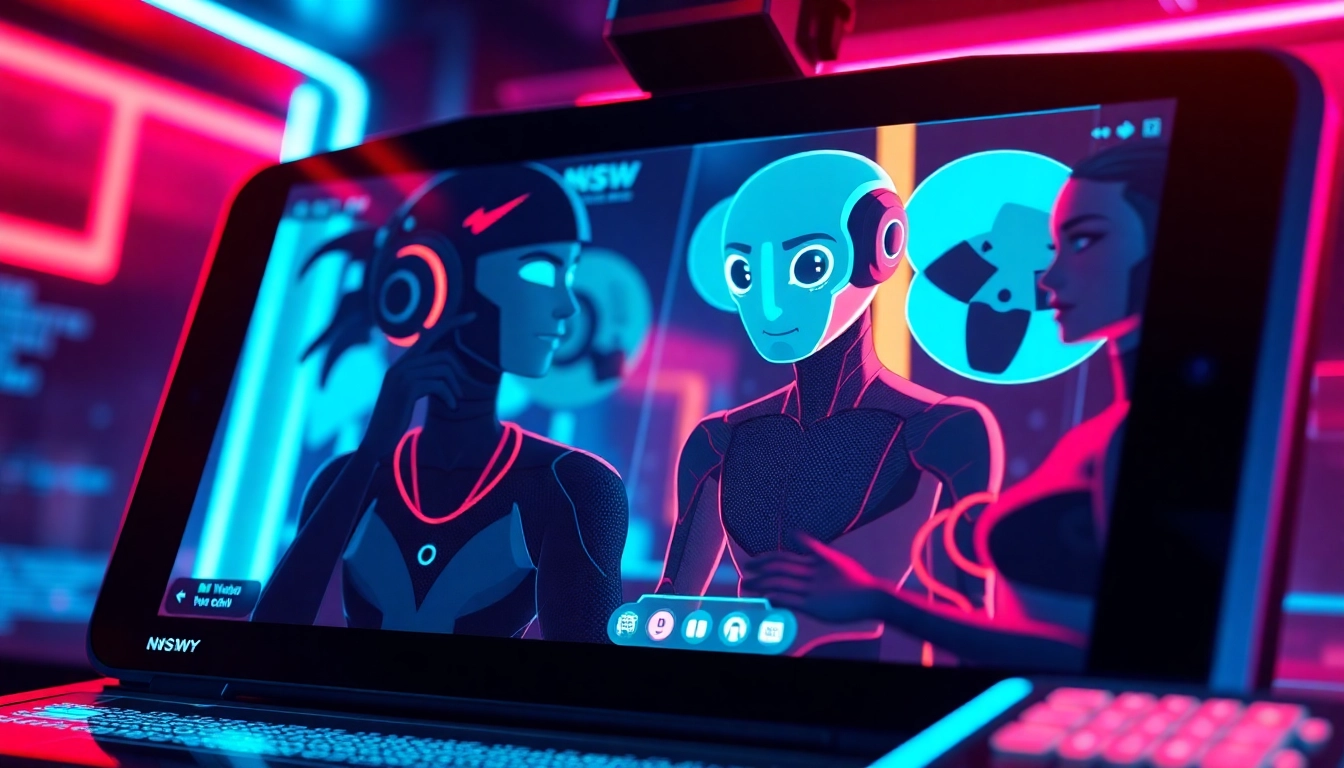 Engaging scene showcasing a digital AI chat interface emphasizing nsfw ai chat with intimate animated avatars for adult conversations.