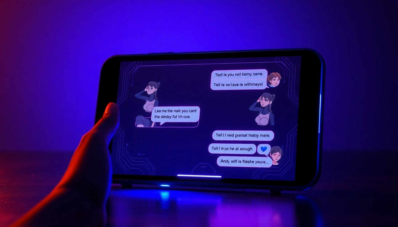 Futuristic digital chat interface with AI avatars and flirtatious conversation on a modern device screen, glowing with neon lights.