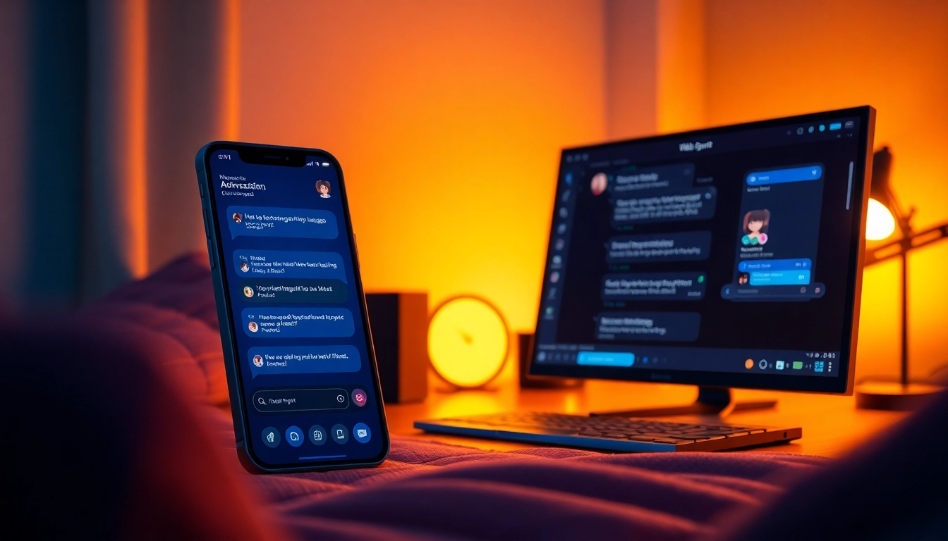 Futuristic AI chatbot interface on smartphones and desktop screens with customizable characters in a cozy, high-tech environment.