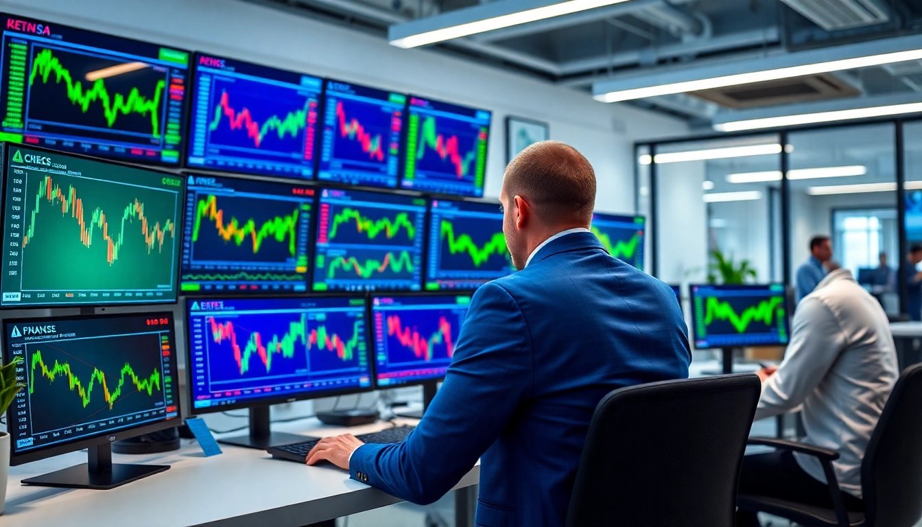 Stock Market News updates presented by financial experts analyzing stock charts on digital screens